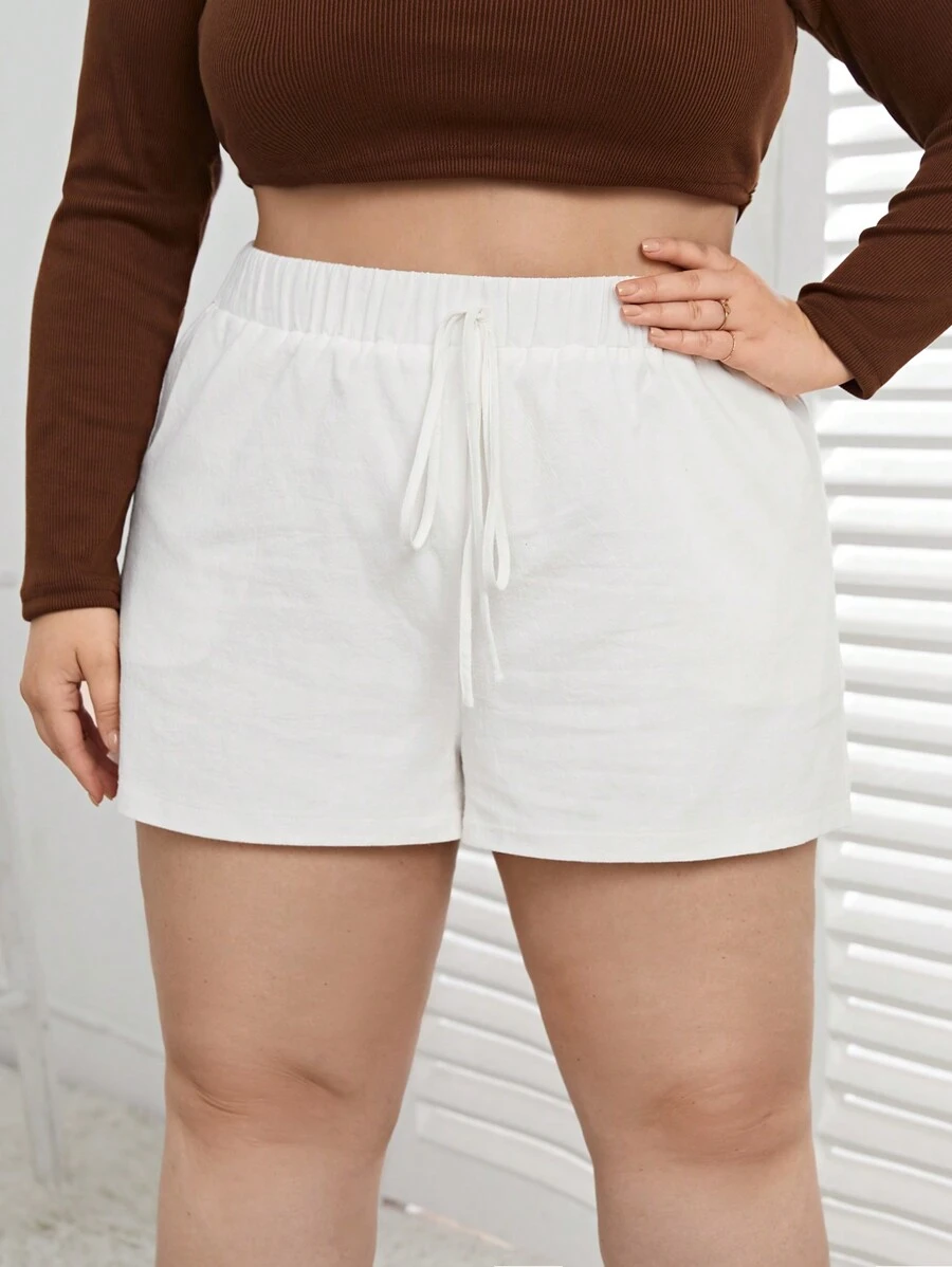 SHEIN Essnce 女士加大尺碼寬腿白色短褲,適用於度假,白色面料 - 白色 - 查看 1
