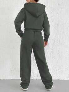 SHEIN Cottnline 女士實色連帽運動套裝,包括連帽衫和汗褲 - 軍綠色 - 查看 2