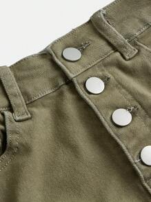 Cô gái Tween Cơ bản Giải trí Màu xanh lá Cắt dán Rách Denim Quần loe Với Mặt trước có nút Cho mùa xuân - Màu xanh Ô liu - Xem 4