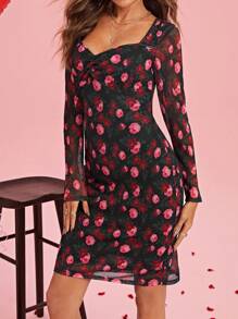 Ellevyn Sweetheart Neckline Floral Mesh Overlay Dress - Multicolor - View 7
