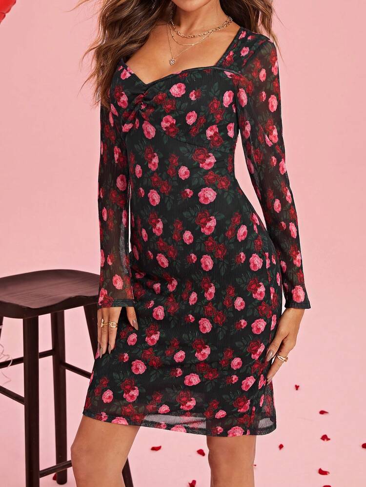 Sweetheart Neckline Floral Mesh Overlay Dress