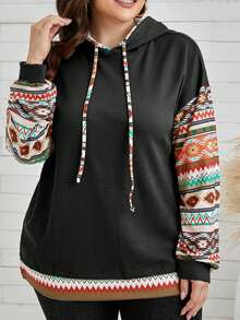 大码几何印花拼接抽绳卫衣 - 黑色 - 查看 1