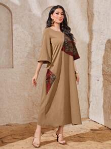 Seusyu Women's Arabian-Inspired Botanical Print Dress, Modest - Brown - View 5