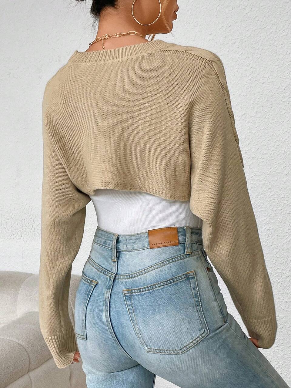 Women's Cropped Batwing Long Sleeve Knit Pullover Fall Winter Sweater