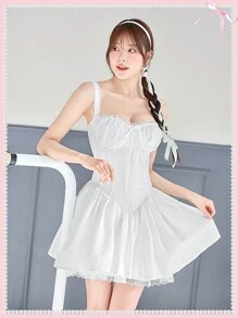 SHEINNeu 夏季白色连衣裙芭蕾蝴蝶结公主蕾丝边系带网眼吊带连衣裙生日女士服装情人节衣服 - 白色 - 查看 8