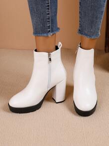 女性厚底高跟防水平臺圓頭彈力側拉鍊時尚白色靴子,適用於春季、秋季、冬季 - 白色 - 查看 3