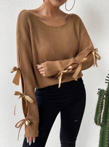 SHEIN Essnce Knotted Split Long Sleeve Solid Color Pullover Sweater - Brown - View 4