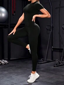 Gameset SHEIN Sport Round Neck Raglan Short Sleeve T-Shirt And Leggings Sports Activewear Set Workout Set Workout Women Set Women Leggings Set - Black - View 4