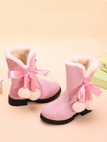 Girls' High/ Mid-Calf Boots With Pom Pom Decor, Kids' Winter Shoes - Black - View 3