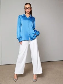 SHEINNeu Của phụ nữ Màu thuần Thả vai Tay áo Áo sơ mi - Màu xanh lam - Xem 4