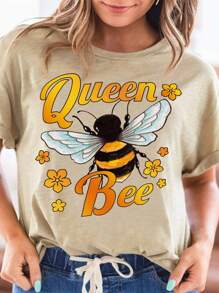 Calvaya 女士大碼字母及蜜蜂印花圓領短袖t恤 - 卡其色 - 查看 1