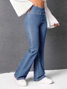 SHEIN EZwear Women'S High Waisted Flare Jeans - Light Wash - View 3
