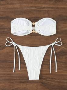 SHEIN Swim Bộ đồ bơi họa tiết màu trơn, Bộ bikini Bandeau Bộ đồ tắm Trang phục đi biển Kỳ nghỉ hè - trắng - Xem 4