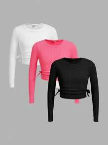 SHEIN Tween Girl Knitted Ribbed Solid Round Neck Casual T-Shirt 3pcs/Pack - Watermelon Pink - View 1