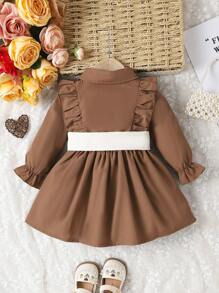 Baby Girl Ruffle Trim Flare Sleeve Shirt Dress - Coffee Brown - View 2