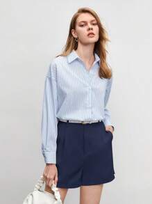 BizChic 女士纯色褶皱短裤，都市通勤简约优雅时尚教师装，商务休闲办公装，秋季款 - 藏蓝色 - 查看 8