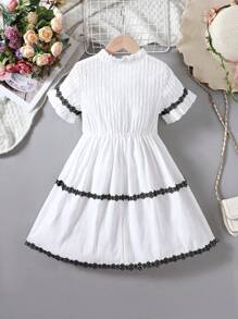 SHEIN Toddler Girls' Color Block Lace Trimmed Dress - White - View 2