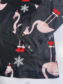 Women's Casual V-Neck Flamingo Printed T-Shirt - Black - View 3