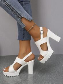 New 2024 European And American Style Strap Buckle High Heel Sandals. Stylish Thick Heel Everyday White Women's High Heel Sandals - Beige - View 2