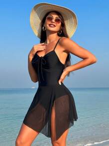 SHEIN Swim Women'S One-Piece Swimsuit With Mesh Knot Detailing On The Chest Music Festival - Black - View 1