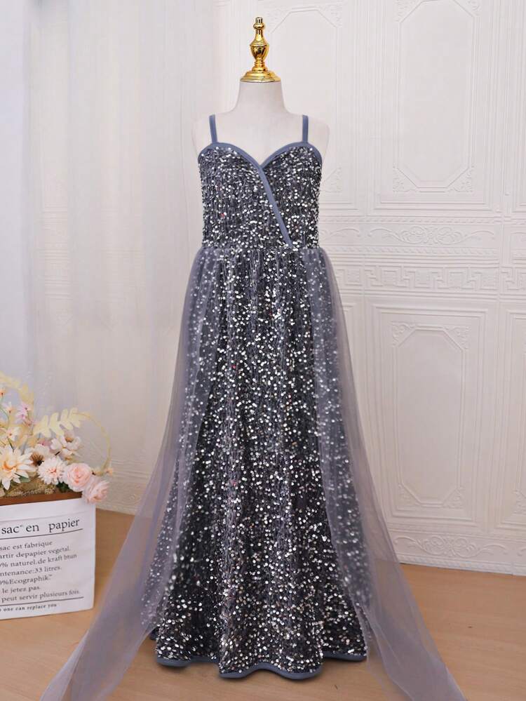 Tween Girls' Gorgeous And Elegant Gray Sleeveless Formal Dress, Suitable For Occasions Such As Parties, Birthdays, And Performances, Autumn