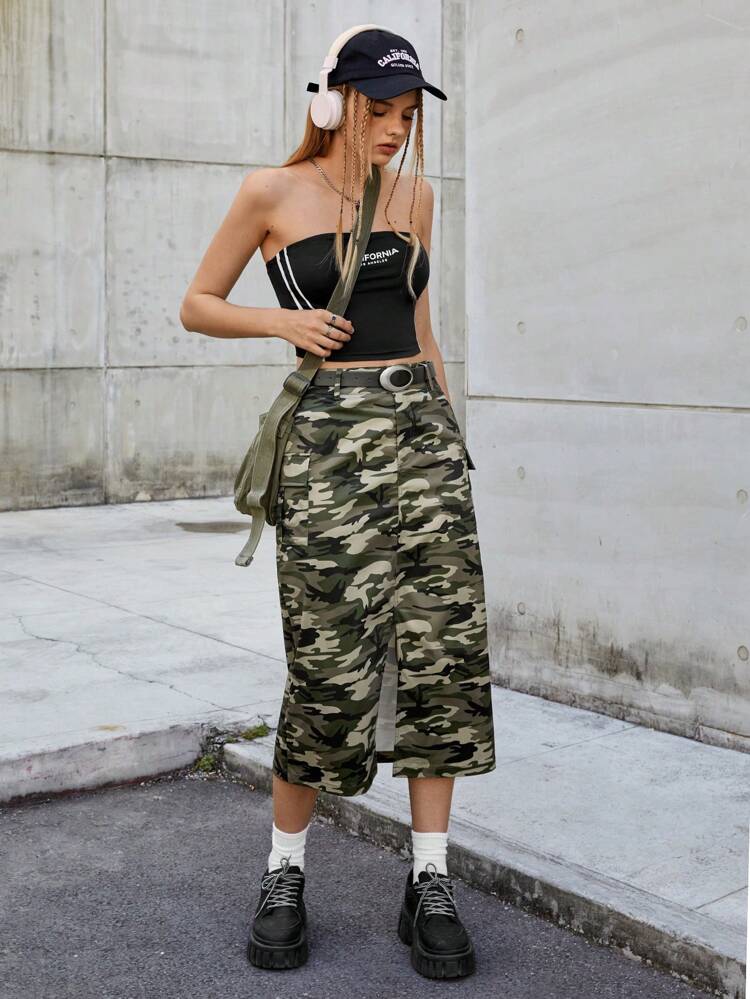 Gorpcore Women's Contrast Color Letter Pattern Tube Top & Camouflage Print Split Cargo Midi Skirt Set