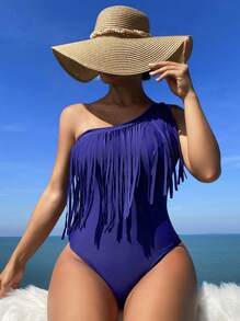 SHEIN Swim Women'S One-Shoulder Asymmetrical Fringe Decoration One-Piece Swimsuit Summer - Navy Blue - View 1