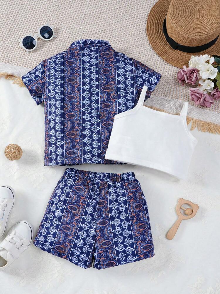 Baby Girls' Short Sleeve Shirt + Woven Shorts + White Camisole Top With Full Pattern 3pcs Outfit Set