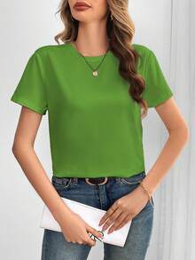 SHEIN EZwear Của phụ nữ Vòng cổ Ngắn tay Áo thun - màu xanh lá - Xem 3
