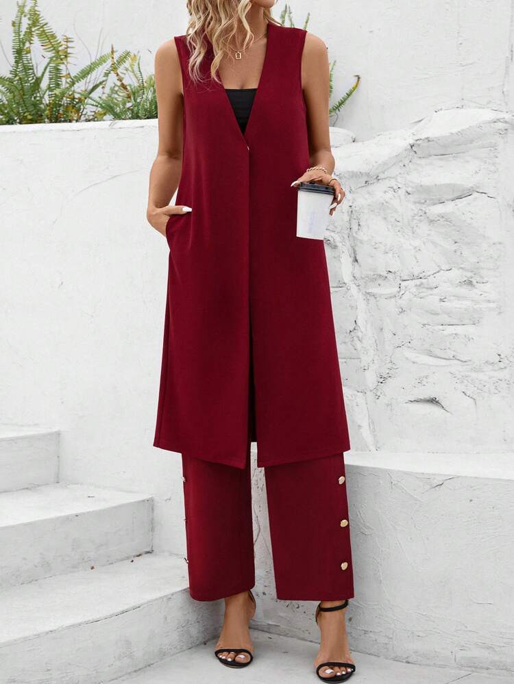 Women's Sleeveless Coat And Pants Set