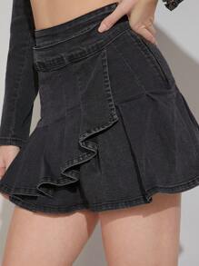 Denimoi Conjunto De Chaqueta Corta De Mezclilla Con Cremallera Frontal Y Falda De Mezclilla Con Decoración De Correa Para Mujer