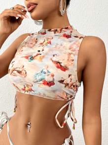 SHEIN Swim Women's Stand Collar Drawstring Side Swimwear Top Music Festival Summer - Multicolor - View 3
