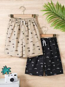 SHEIN 2pcs/Set Tween Boys' Elastic Waistband Tropical Plant & Letter Print Casual Shorts For Summer - Khaki - View 8