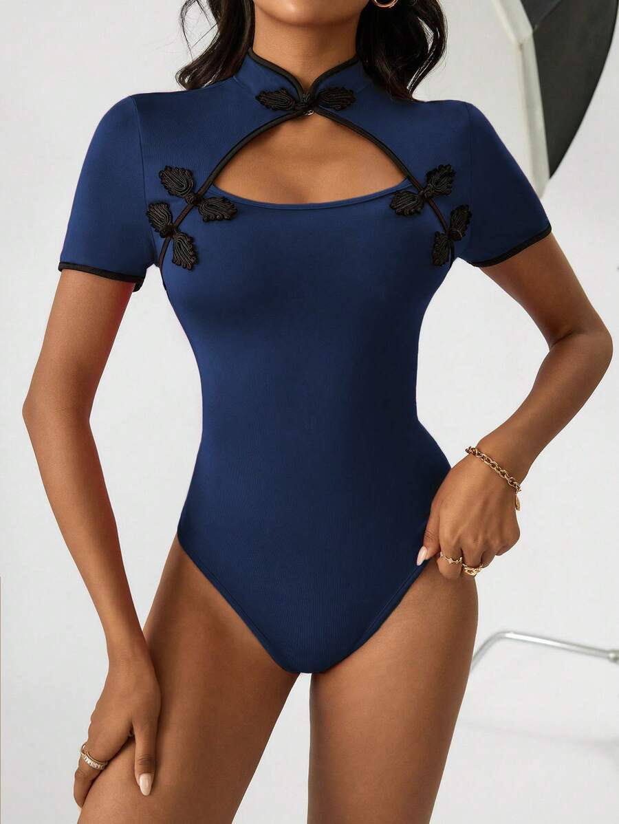 SHEIN Privé 女式旗袍風立領露背連身衣,綁扣設計 - 藍色 - 查看 1