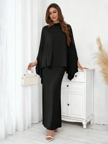 SHEIN Privé Women's Stand Collar Batwing Sleeve Top And Skirt Set - Black - View 3