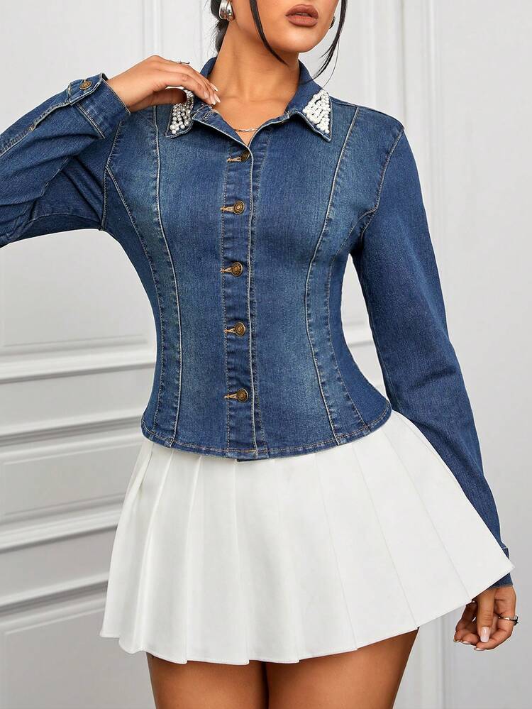 Women's Denim Shirt With Beaded Collar And Long Sleeves