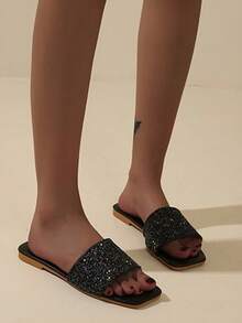 情人节新品闪亮女士平底凉鞋，黑色亮片系带鞋 - 黑色 - 查看 4