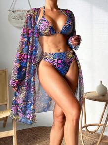SHEIN Swim Bộ bikini in họa tiết đầy đủ cho nữ + Kimono mùa hè - Nhiều màu - Xem 1