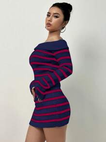 Flirla Của phụ nữ Off Shoulder Tay áo dài Sọc Áo len Và Váy len nửa mảnh Hai chiếc Bộ - Xanh đậm - Xem 4