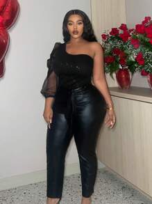 Slaydiva 大尺碼單肩閃亮亮片拼接透明網紗連身衣,單色款式 - 黑色 - 查看 1