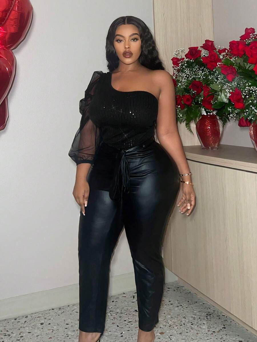 Slaydiva 大尺碼單肩閃亮亮片拼接透明網紗連身衣,單色款式 - 黑色 - 查看 1