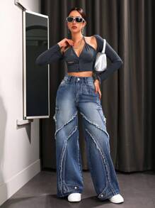 SHEIN ICON 女裝鬆緊腰毛邊牛仔褲 - 藍色 - 查看 5