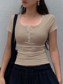 Dazy Star Button-Up Short Sleeve T-Shirt,Crop Tops Women