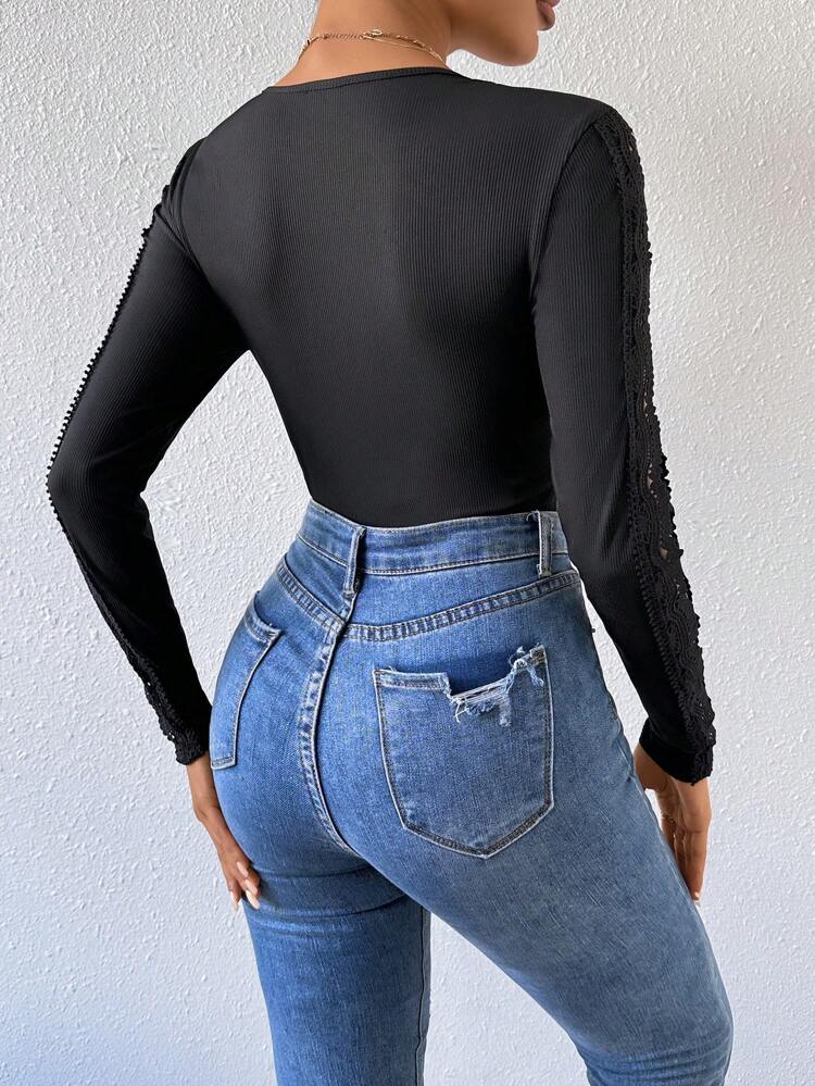 Women's Long Sleeve Lace Spliced Bodysuit Fall Cloth For Women