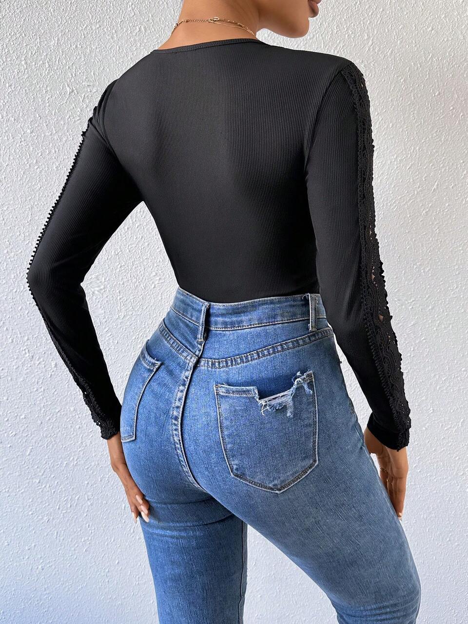 Women's Long Sleeve Lace Spliced Bodysuit Fall Cloth For Women