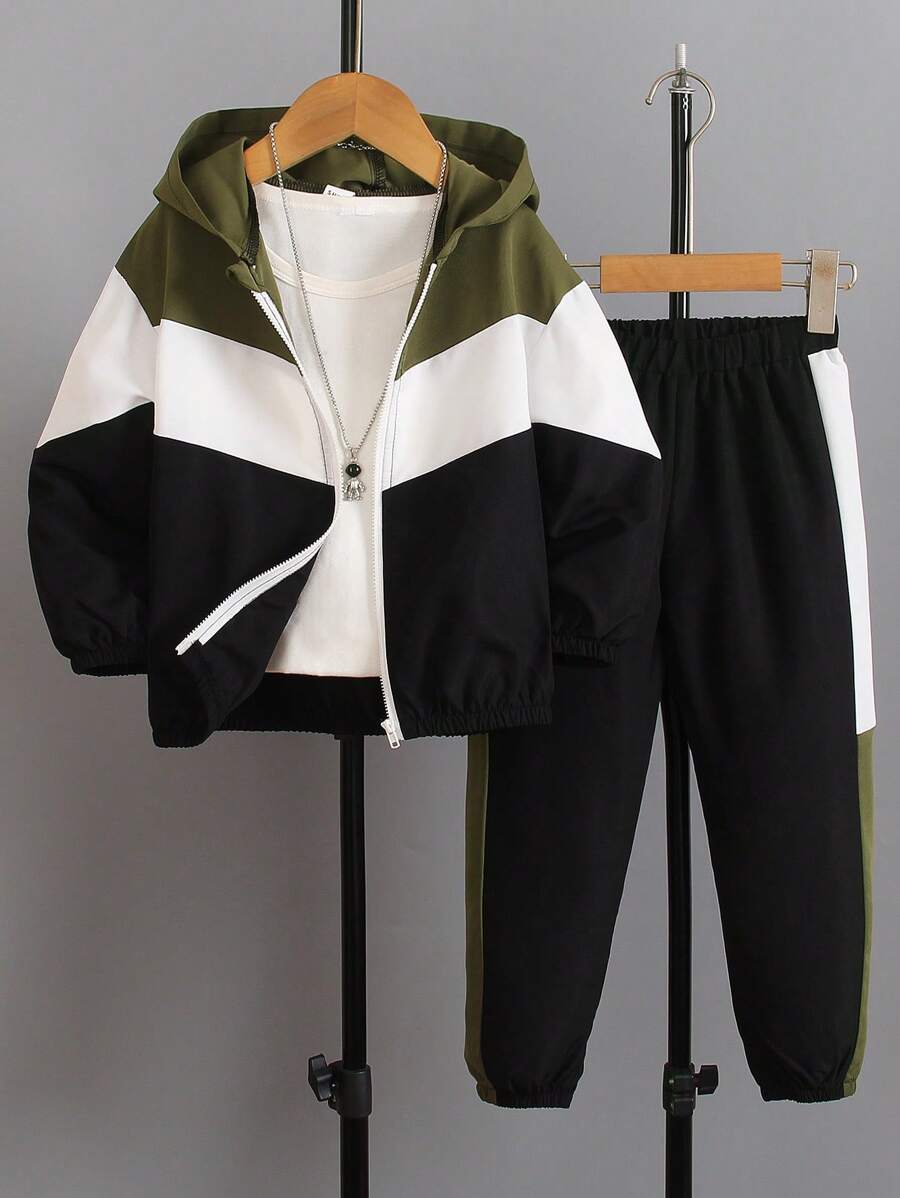 SHEIN Explorewe 男童兩件套休閒運動連帽衛衣及長褲套裝,秋季戶外穿著 - 軍綠色 - 查看 1