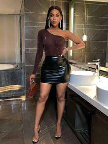 SHEIN Slayr Women's One Shoulder Long Sleeve Sparkly Bodysuit - Coffee Brown - View 5