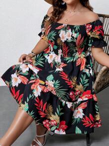 SHEIN Clasi Women's Plus Size Floral Printed Off-Shoulder Cable Knit Sweater Dress Vacation Beach Outfit - Black - View 5