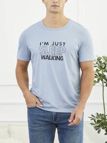 Men's Slogan Printed Homewear Top - Blue - View 1