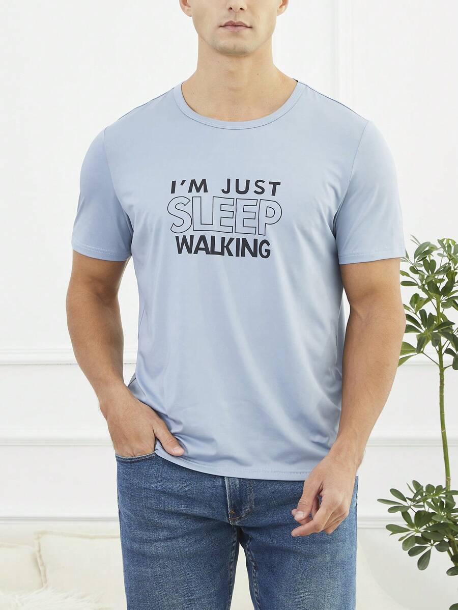 Men's Slogan Printed Homewear Top - Blue - View 1